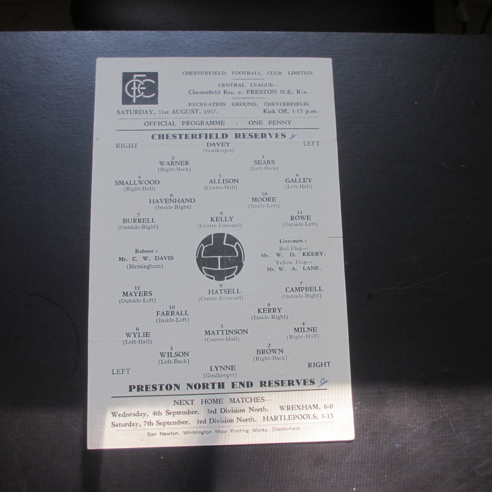 Chesterfield Res v Preston Res Central Lge 1957/8 - Single Sheet for sale on Ebay