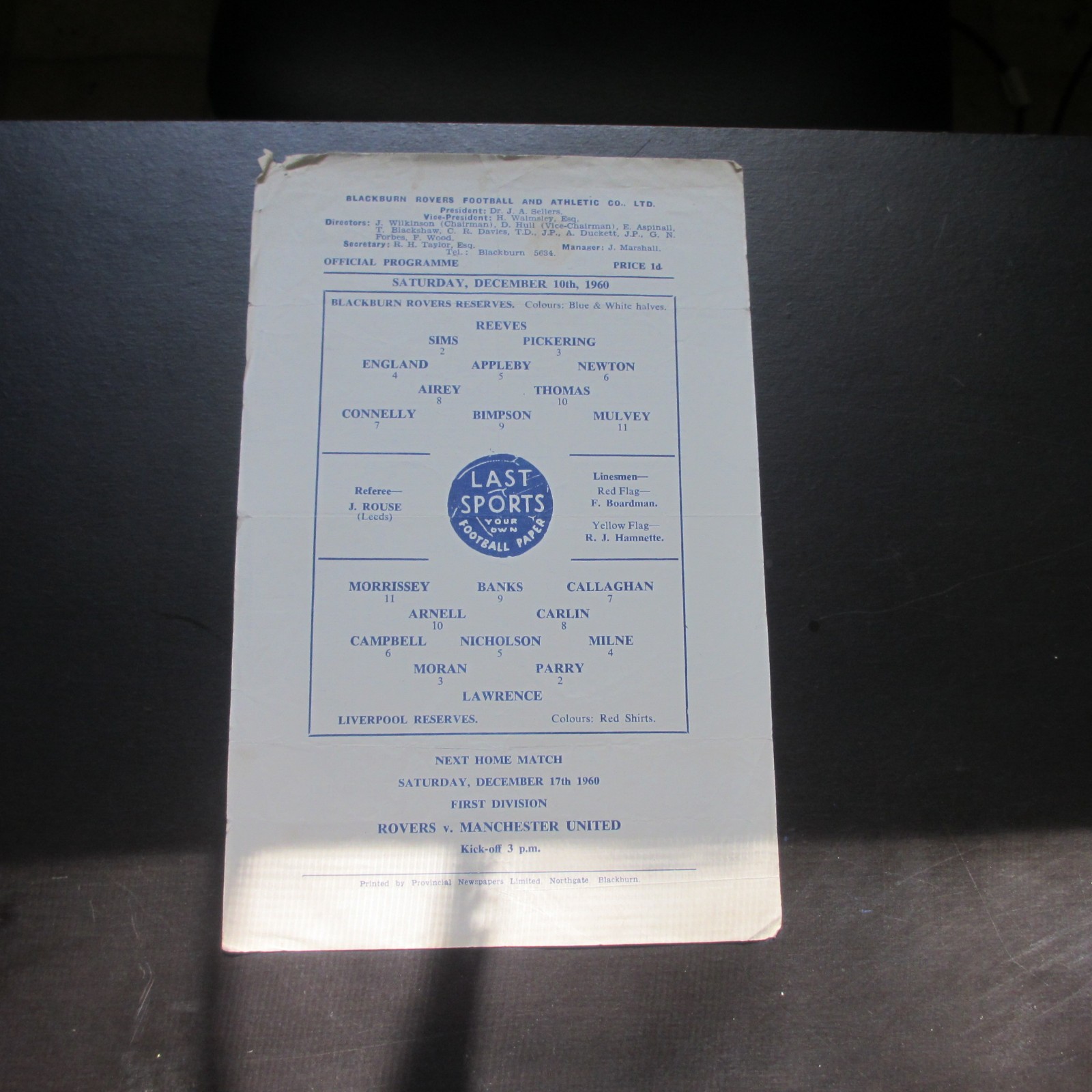 Blackburn Res v Liverpool Res Central Lge 1960/1 - Single Sheet for sale on Ebay