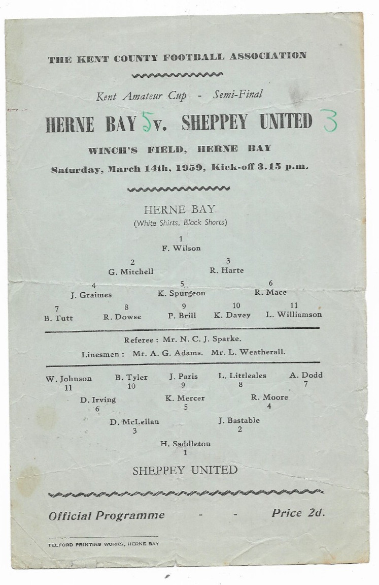 1959 Kent Amateur Cup Semi Final - HERNE BAY v. SHEPPEY UNITED (single sheet) for sale on Ebay