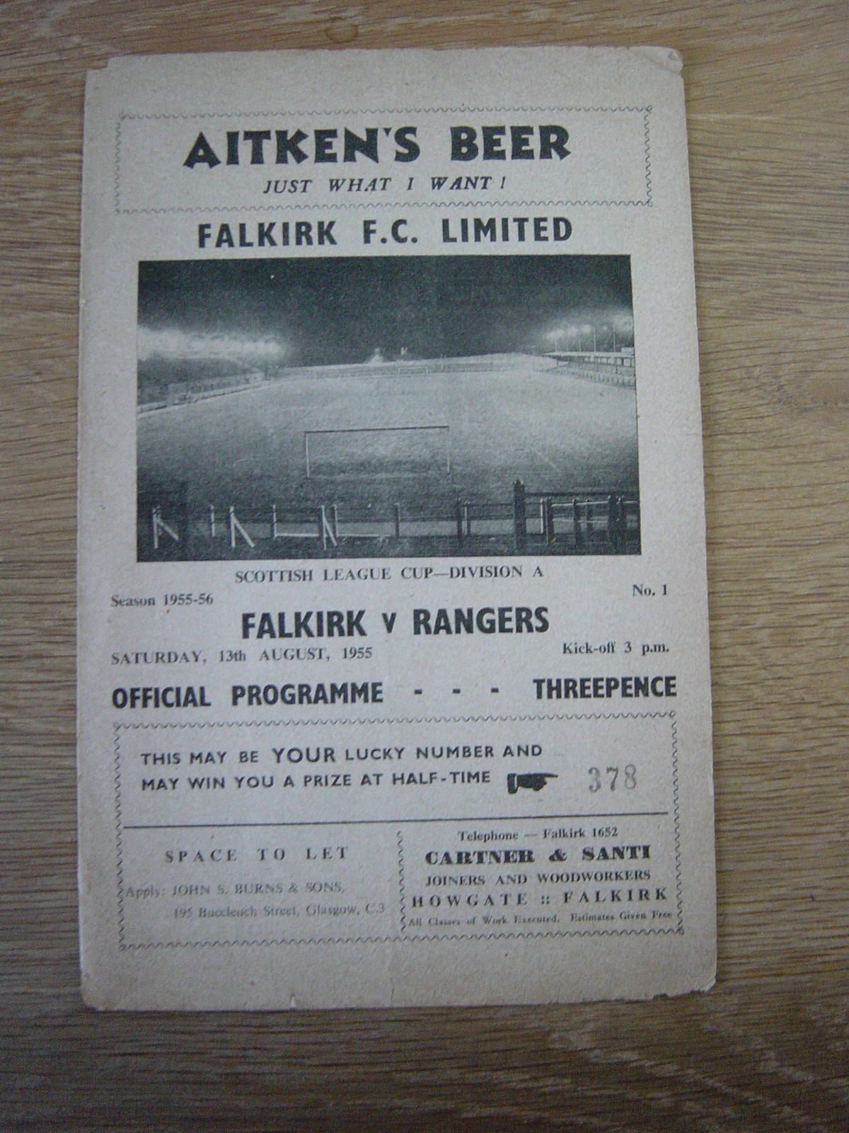 1955/56 FALKIRK v GLASGOW RANGERS for sale on Ebay