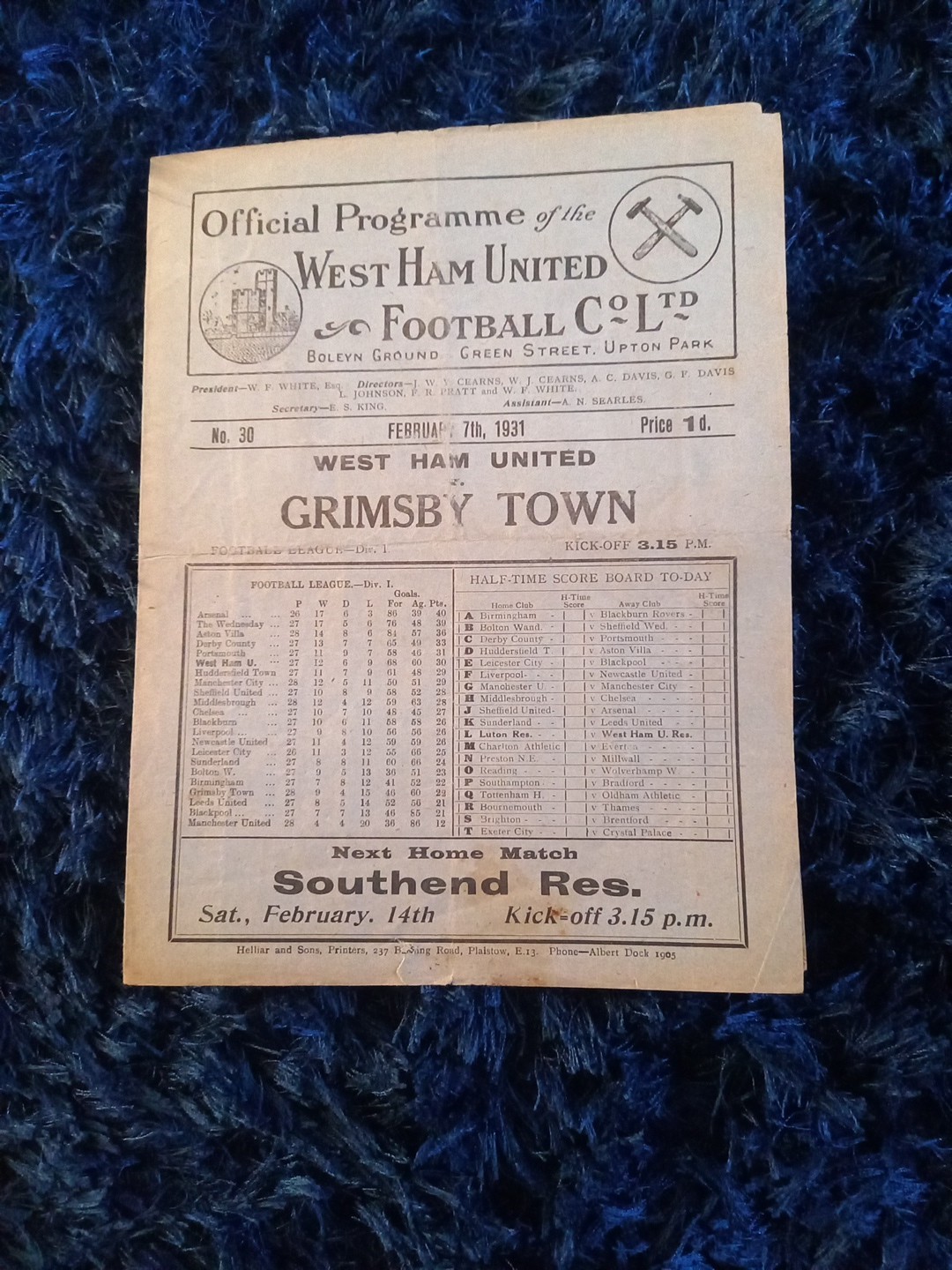 West Ham V Grimsby 7th FEB 1931 for sale on Ebay