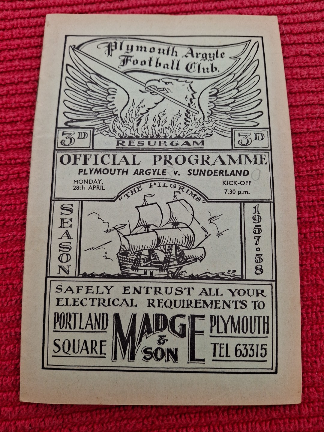 Plymouth Argyle v Sunderland friendly programme.  28/4/1958 for sale on Ebay