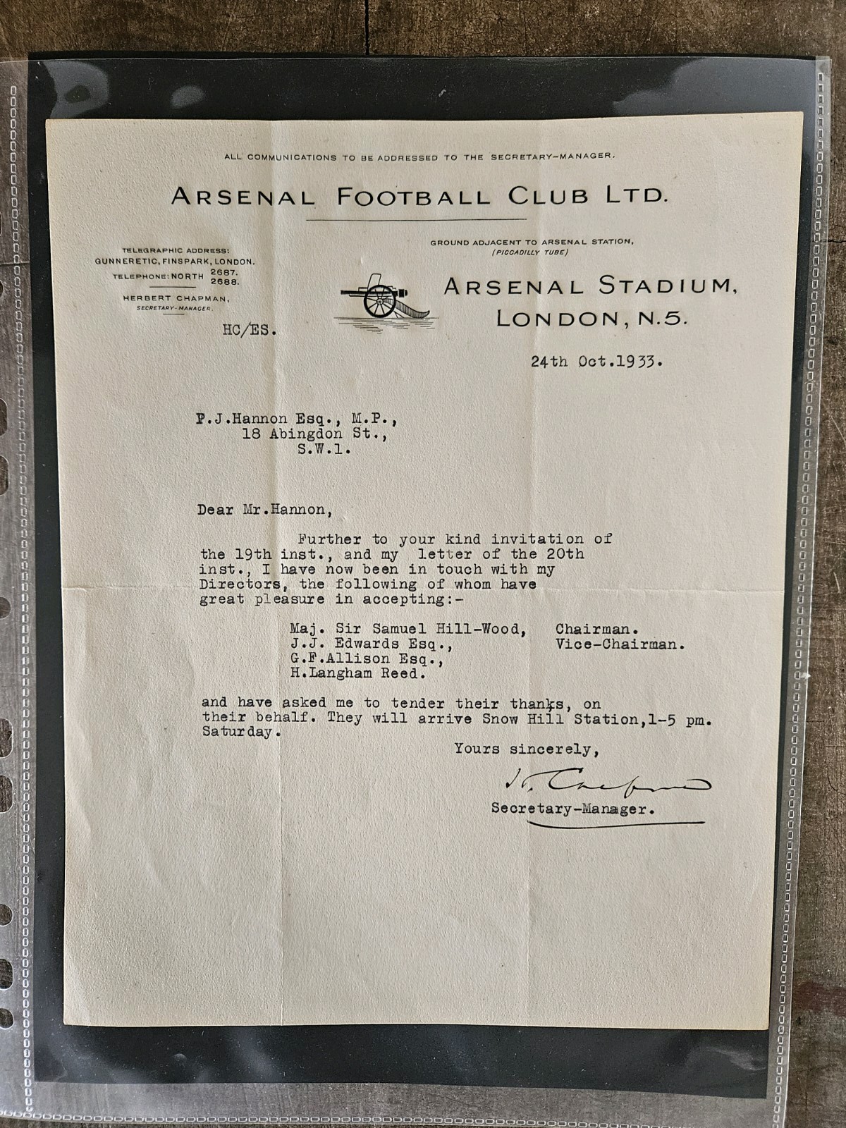 Herbert Chapman Signed Letter 1933 Arsenal Rare Letter, Great Headed Paper for sale on Ebay