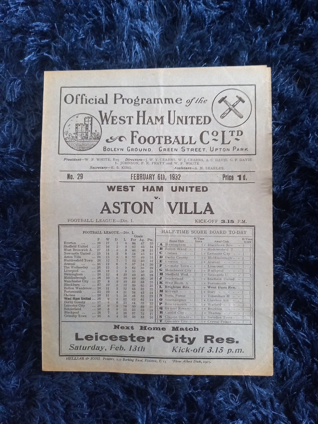 WEST HAM V ASTON VILLA 1932 for sale on Ebay