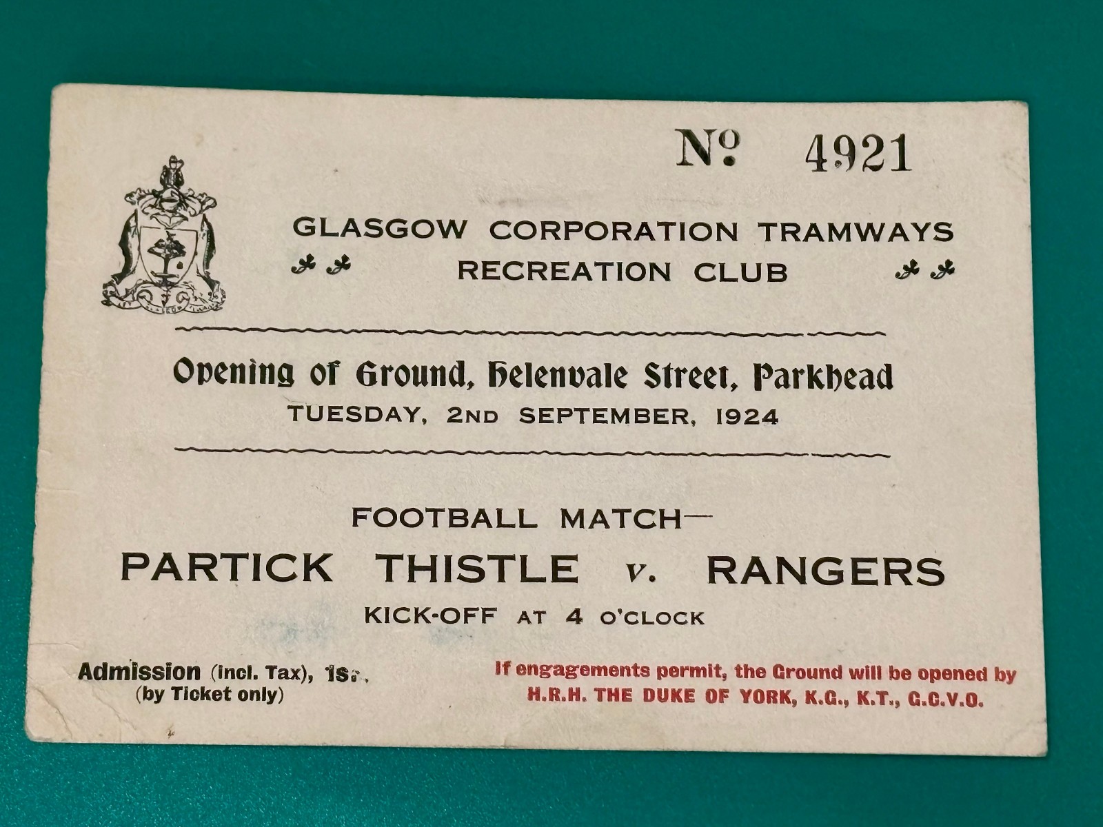 OPENING OF GROUND 2nd September 1924 PATRICK THISTLE vs GLASGOW RANGERS for sale on Ebay