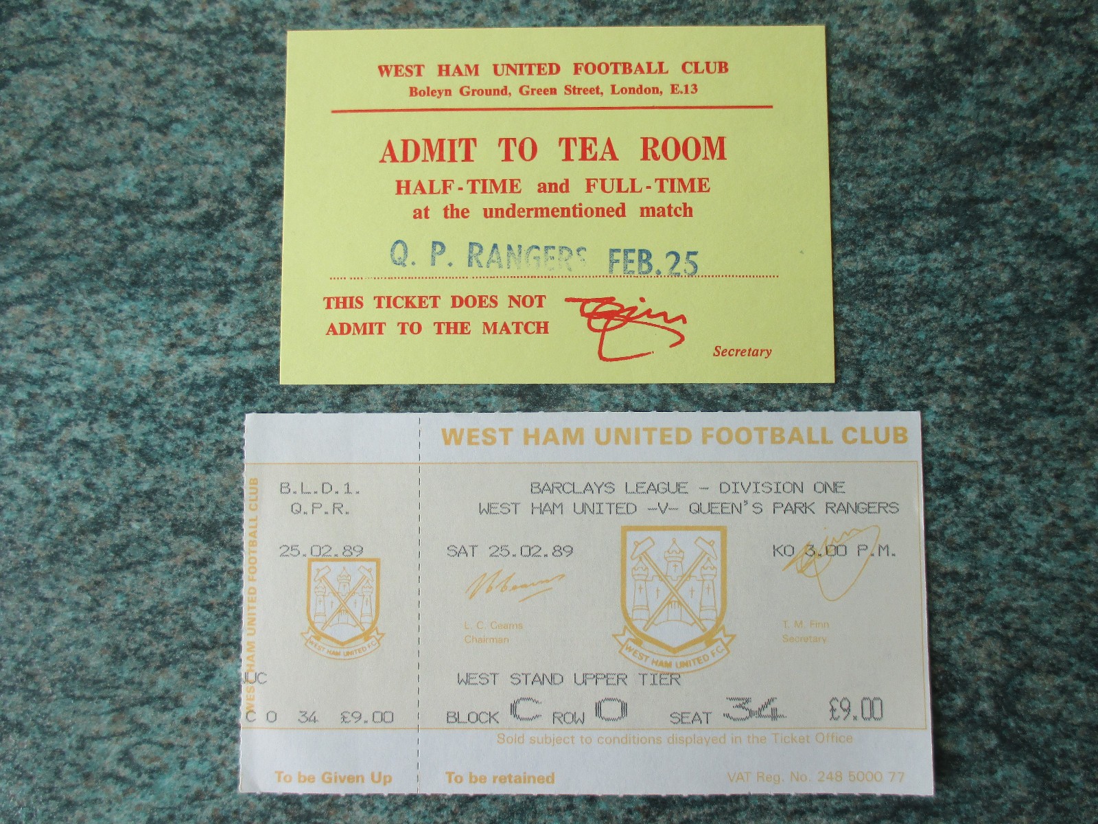 WEST HAM V QUEENS PARK RANGERS 1989 DIV 1 UNUSED & TEA ROOM TICKETS 1988/89 QPR for sale on Ebay
