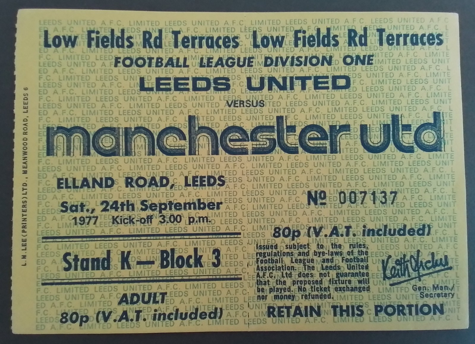 Leeds United v Manchester United Division One 1977/8 Unused Ticket  for sale on Ebay