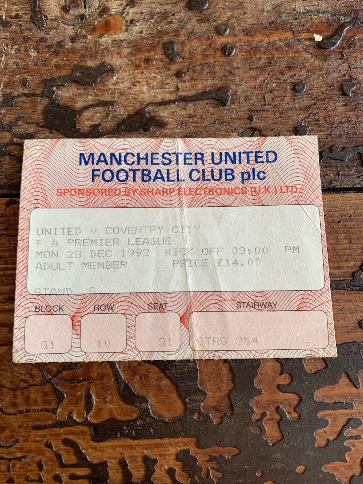 Manchester United V Coventry City 28/12/1992 Premier League Ticket for sale on Ebay