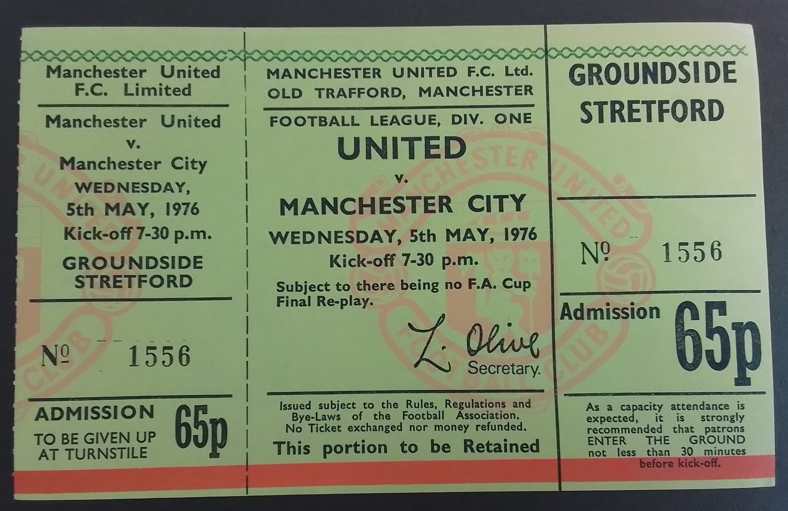 Manchester United v Manchester City Division One 1975/6 Unused Ticket  for sale on Ebay