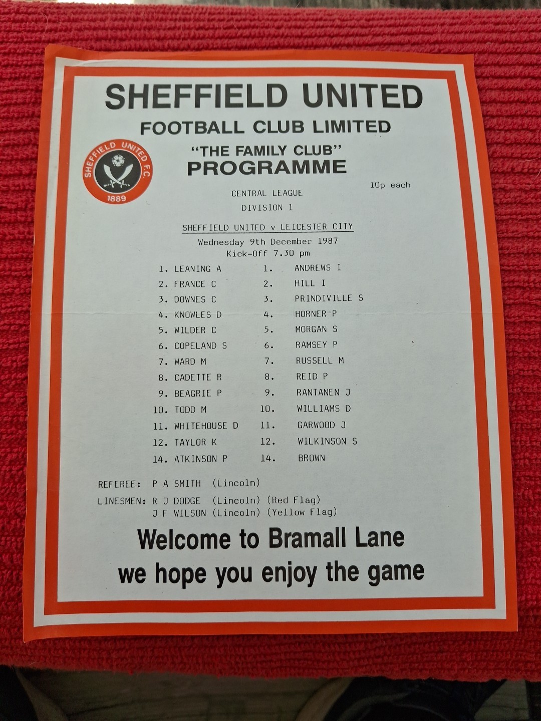 Sheffield United Reserves v Leicester City Res programme.  9/12/1987 for sale on Ebay