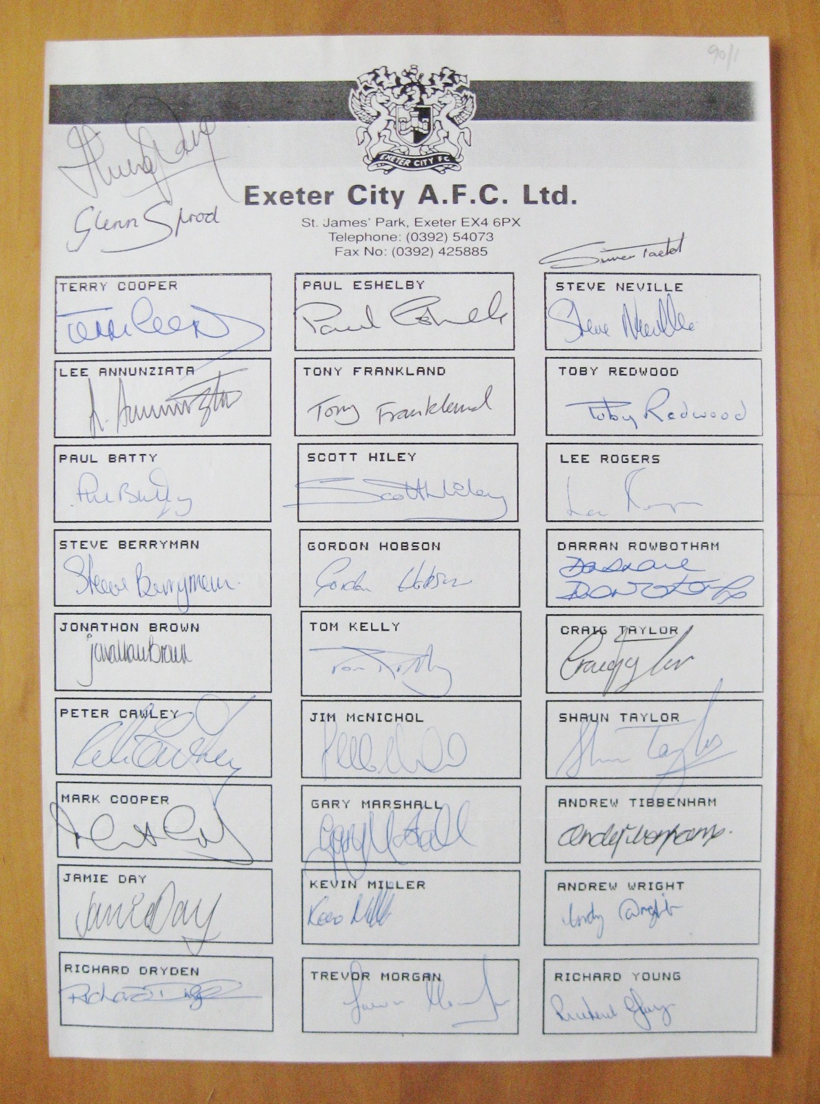 EXETER CITY Hand Signed Sheet 1990/1991 x 30 Autographs for sale on Ebay