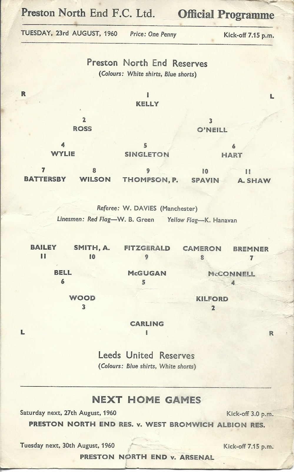 1960/61  PRESTON NORTH END Reserves v LEEDS UNITED Reserves for sale on Ebay