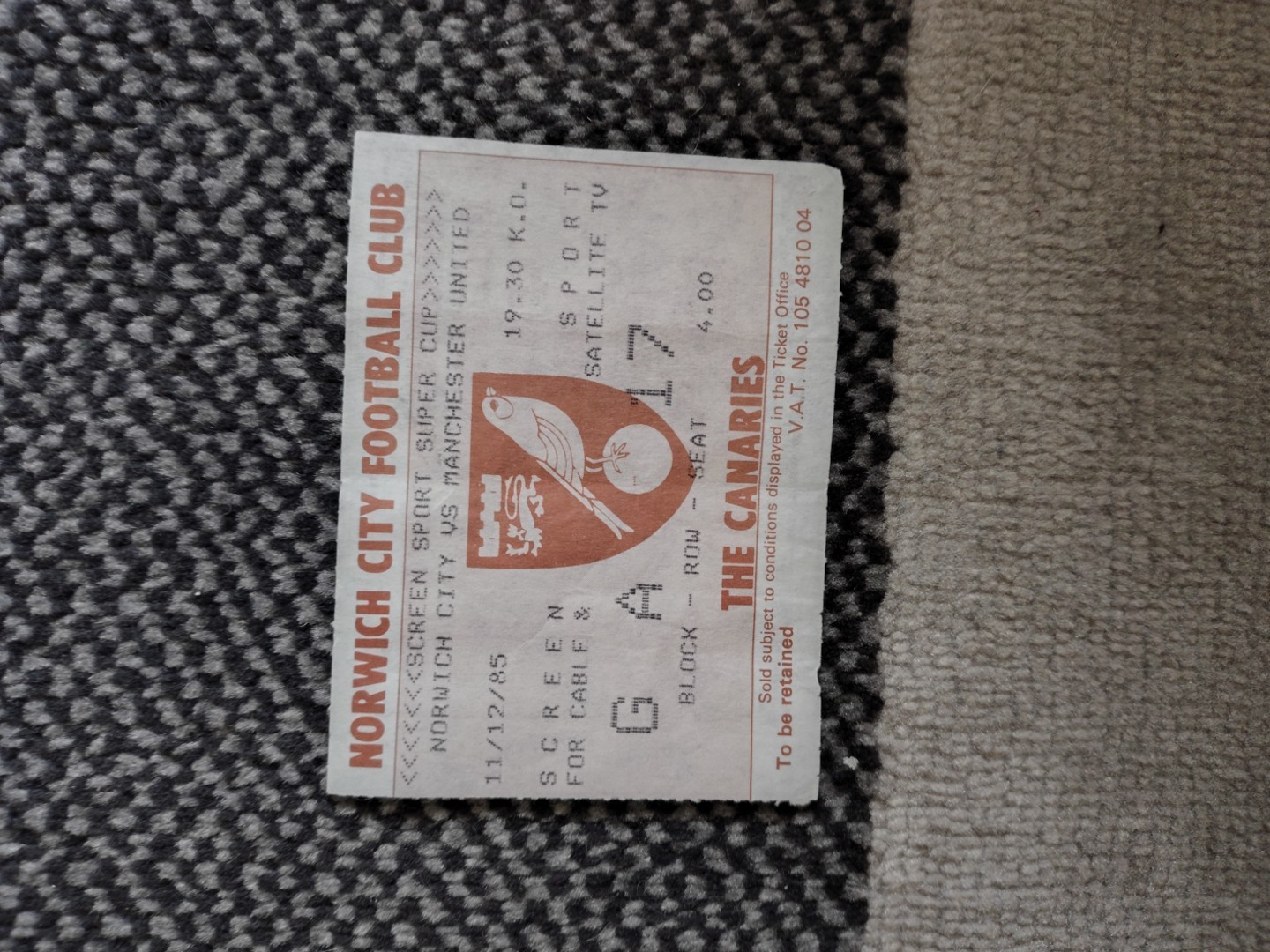 Screen Sport Super Cup  Norwich v Manchester United 11/12/85 Ticket Stub for sale on Ebay