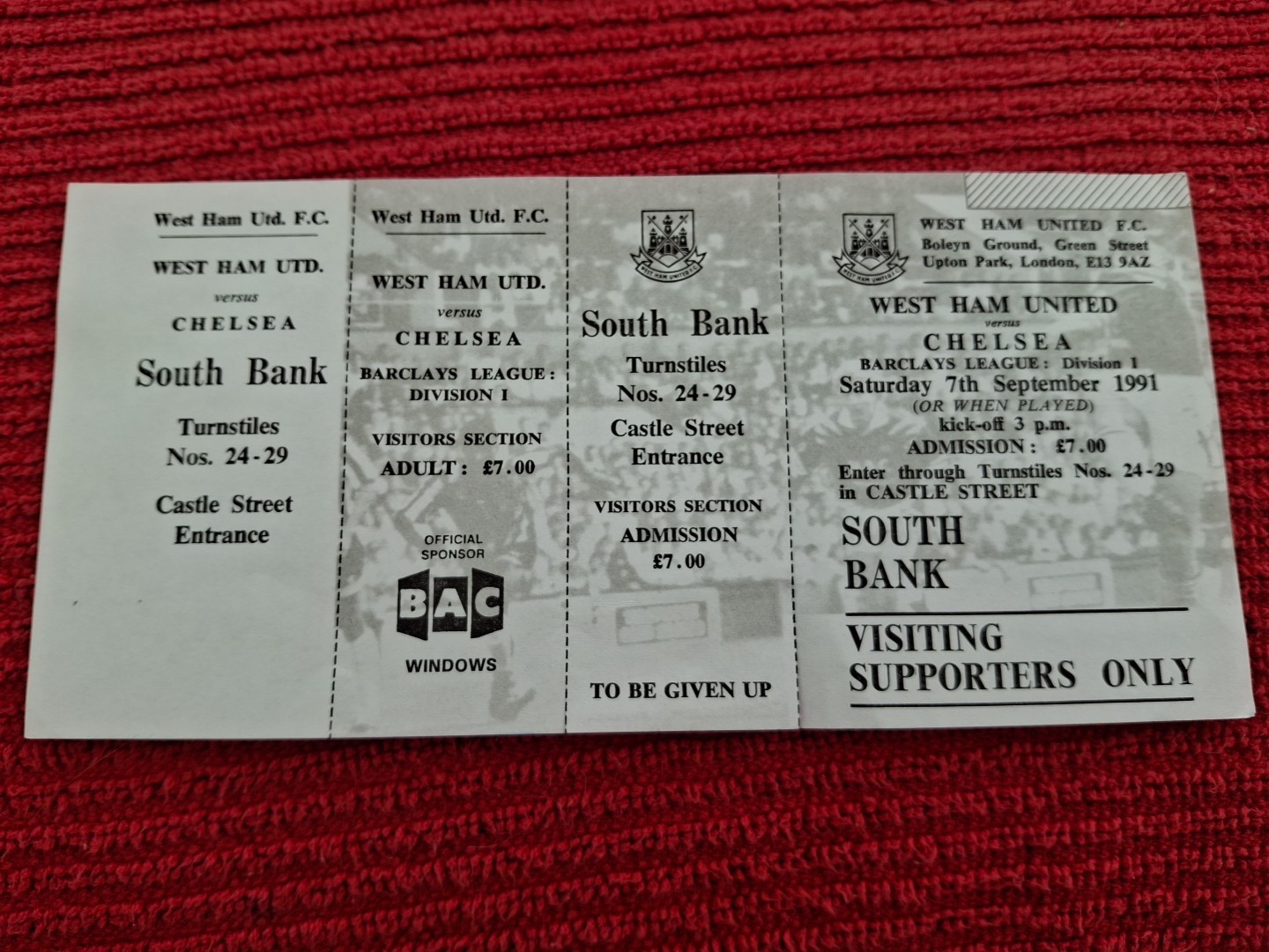West Ham United v Chelsea Unused TICKET.  7/9/1991  (South Bank) for sale on Ebay