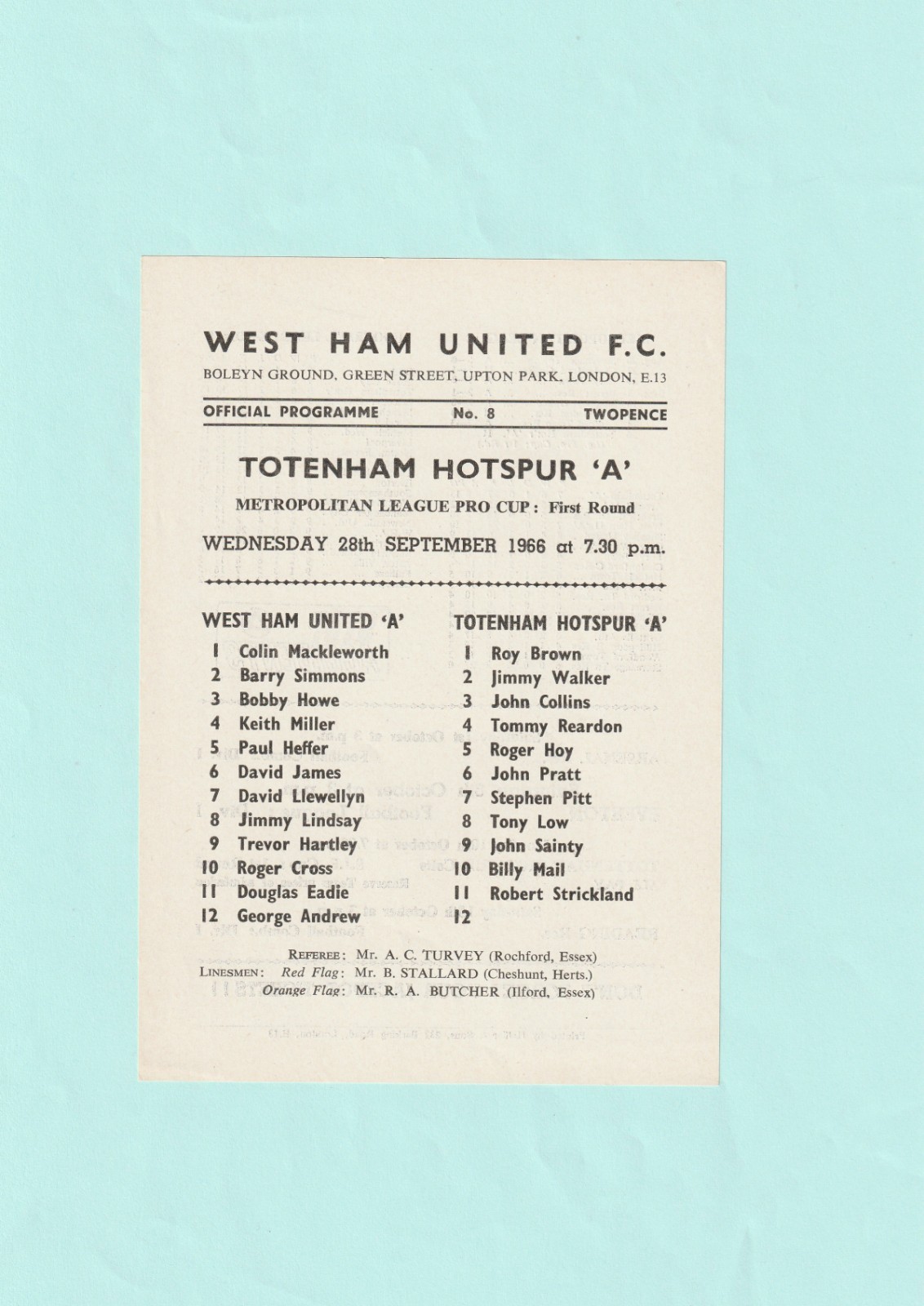 1966-67 METROPOLITAN LEAGUE PRO CUP :  WEST HAM UNITED A v TOTTENHAM / SPURS 