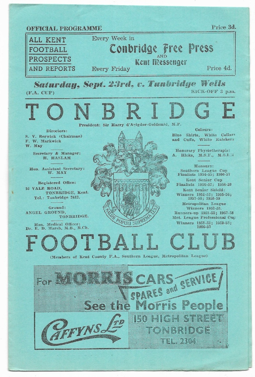1961/62 FA Cup 2nd Qualifying Round - TONBRIDGE v. TUNBRIDGE WELLS UNITED for sale on Ebay