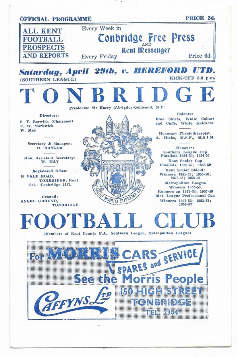 1960/61 Southern League - TONBRIDGE v. HEREFORD UNITED for sale on Ebay