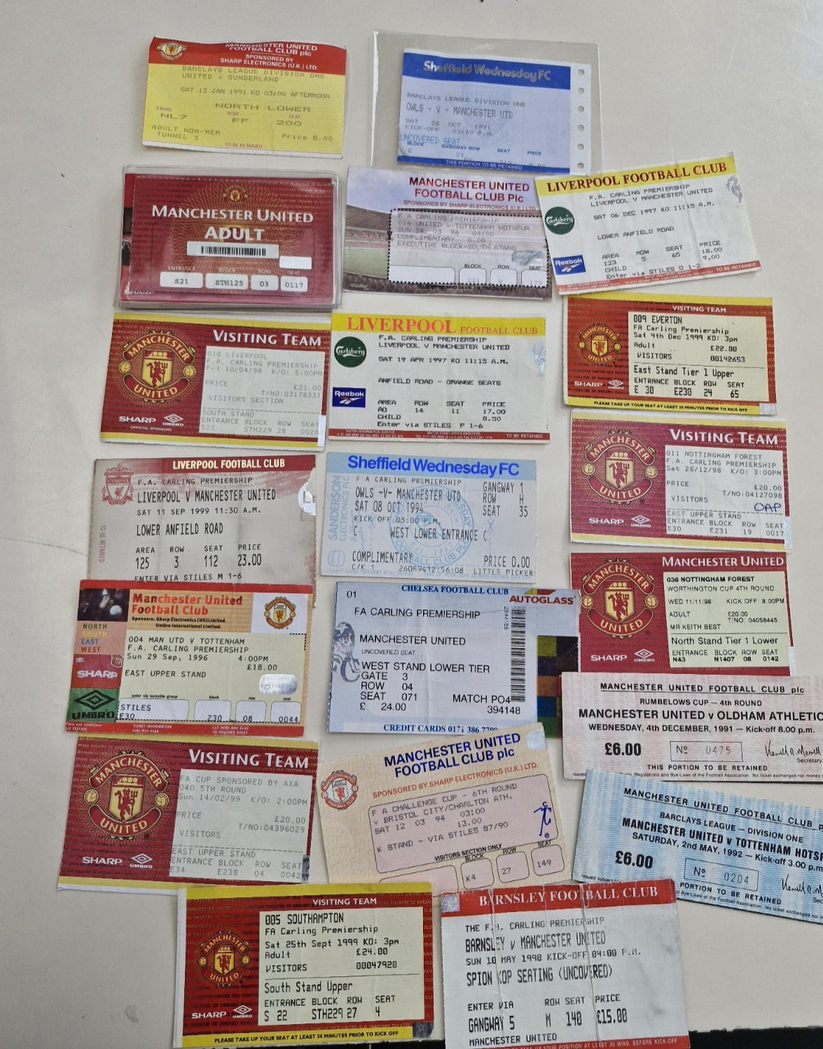 20 X  MANCHESTER UNITED  TICKET STUBS- 1991-1999 for sale on Ebay