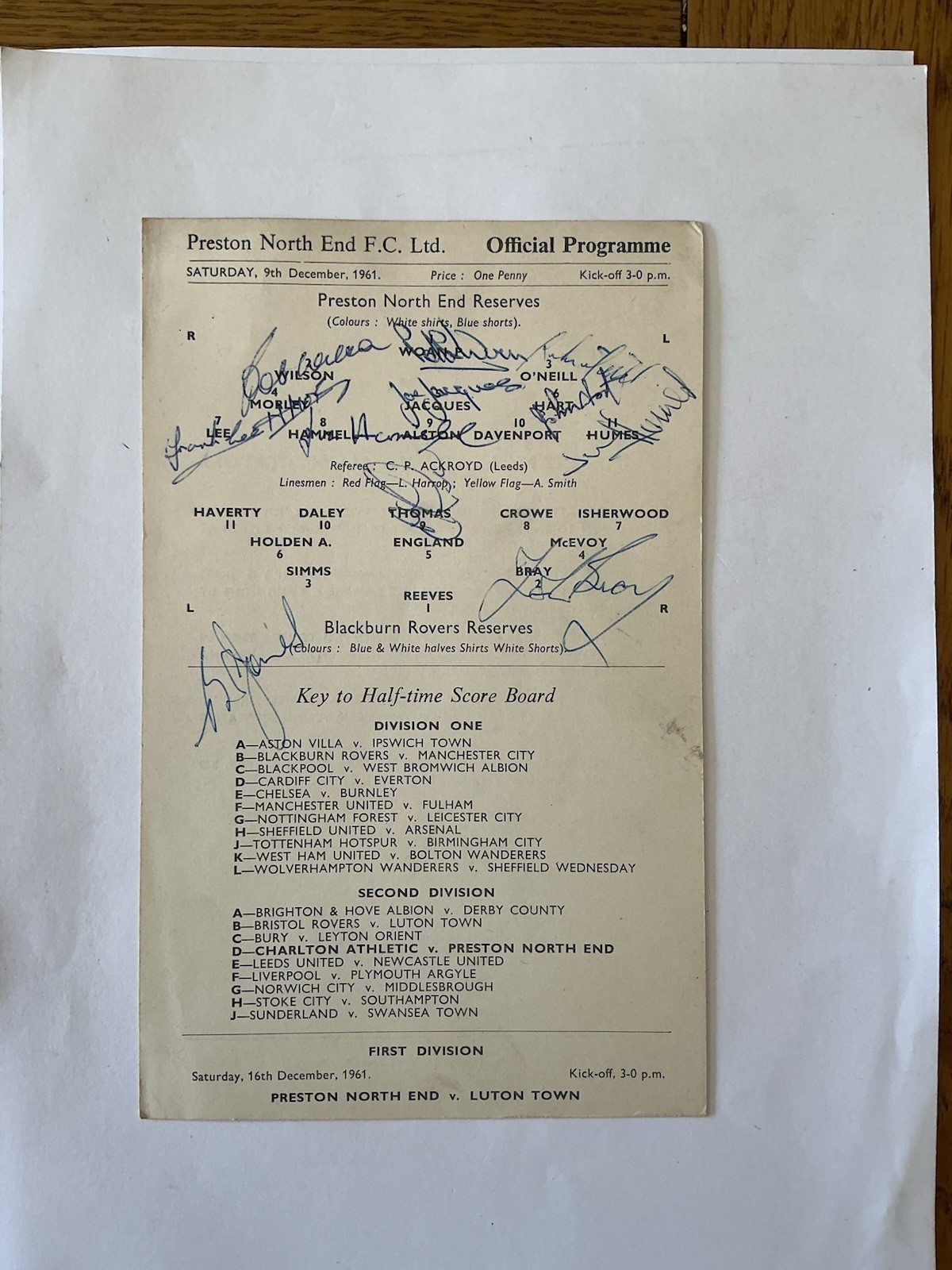 PRESTON NORTH END Res v BLACKBURN ROVERS Res 1961/2 - Autographed. for sale on Ebay