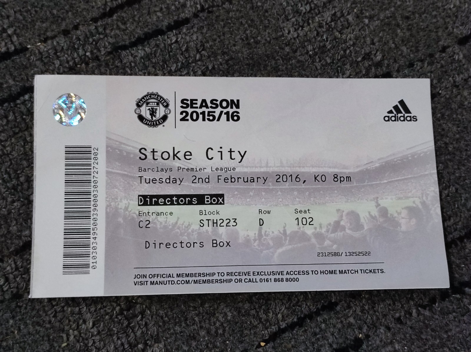 Manchester United vs Stoke City Ticket 2016 Premier League Directors Box for sale on Ebay
