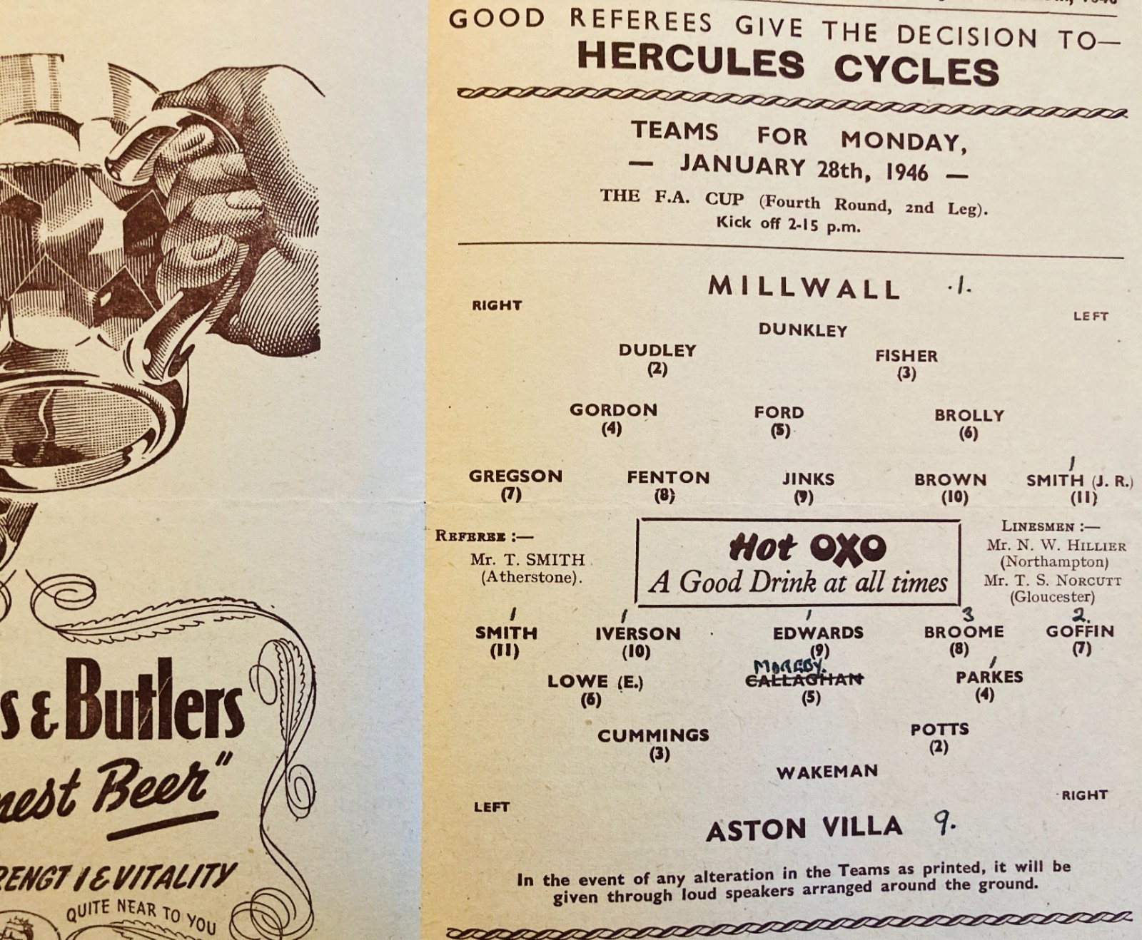 Aston Villa v Millwall F A Cup 4th round 2nd leg 1945/46 for sale on Ebay