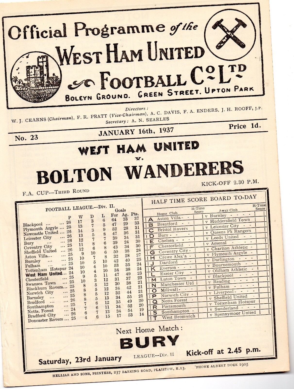 West Ham United v Bolton Wanderers 16/1/37 for sale on Ebay