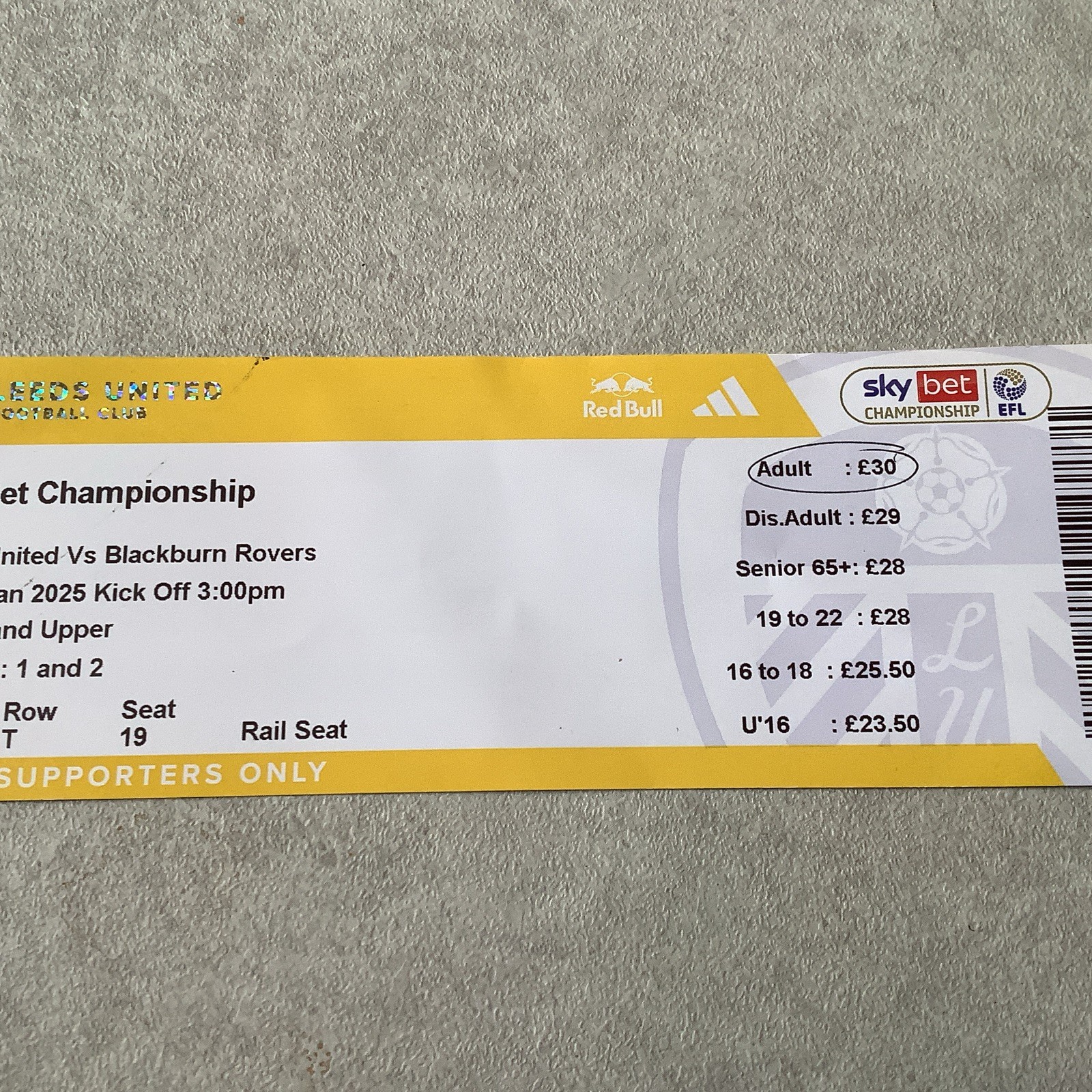 LEEDS UNITED V BLACKBURN ROVERS CHAMPIONSHIP MATCH TICKET 01/01/2025 for sale on Ebay