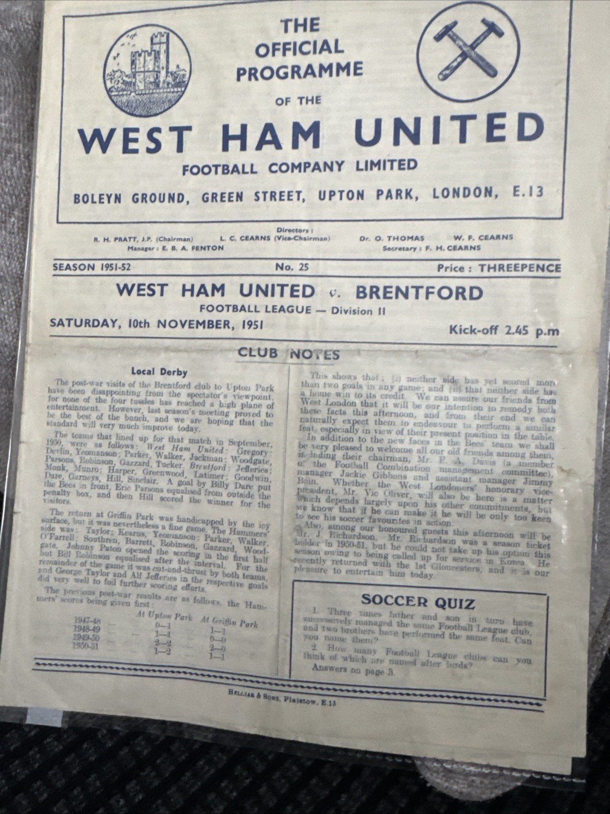 West Ham V Brentford 1951 for sale on Ebay