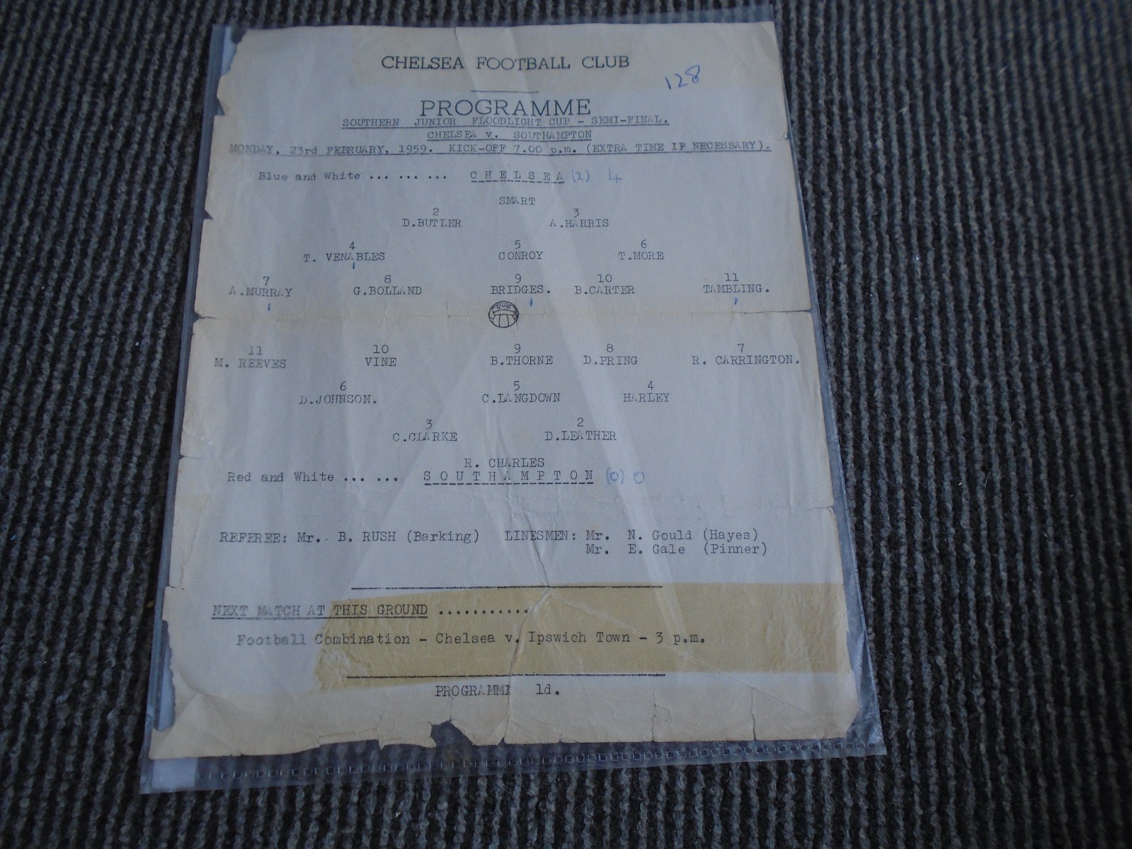 CHELSEA V SOUTHAMPTON 1958-9 SOUTHERN JUNIOR FLOODLIGHT CUP SEMI FINAL for sale on Ebay