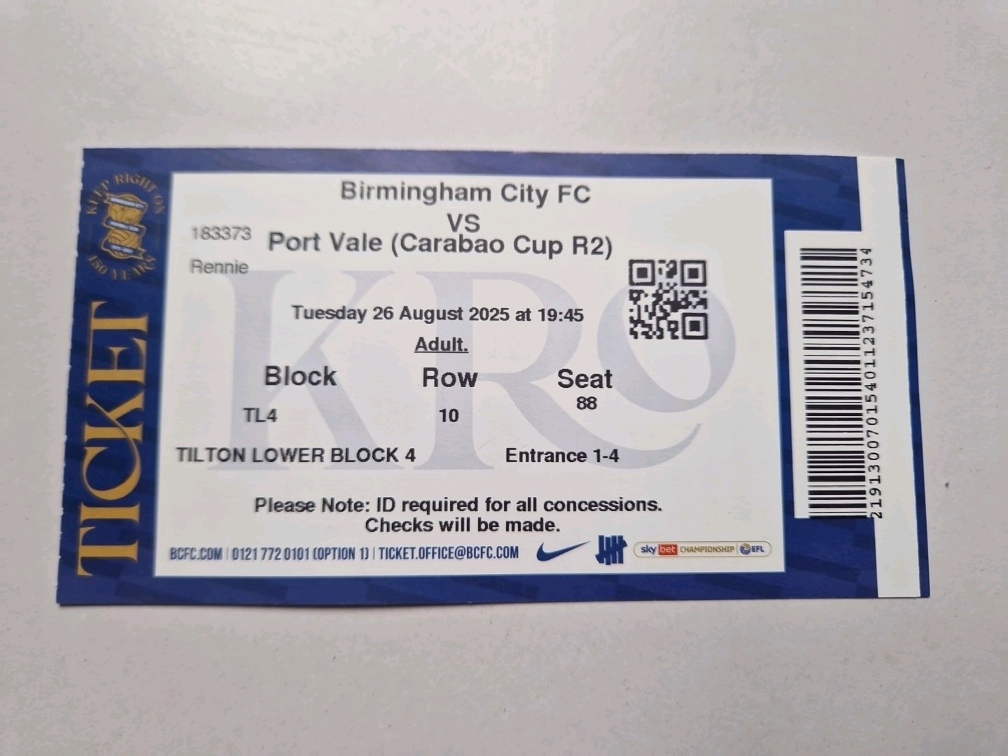 TICKET: BIRMINGHAM CITY v PORT VALE  [ CARABAO CP 2ND ROUND] 26 AUG 2025 for sale on Ebay