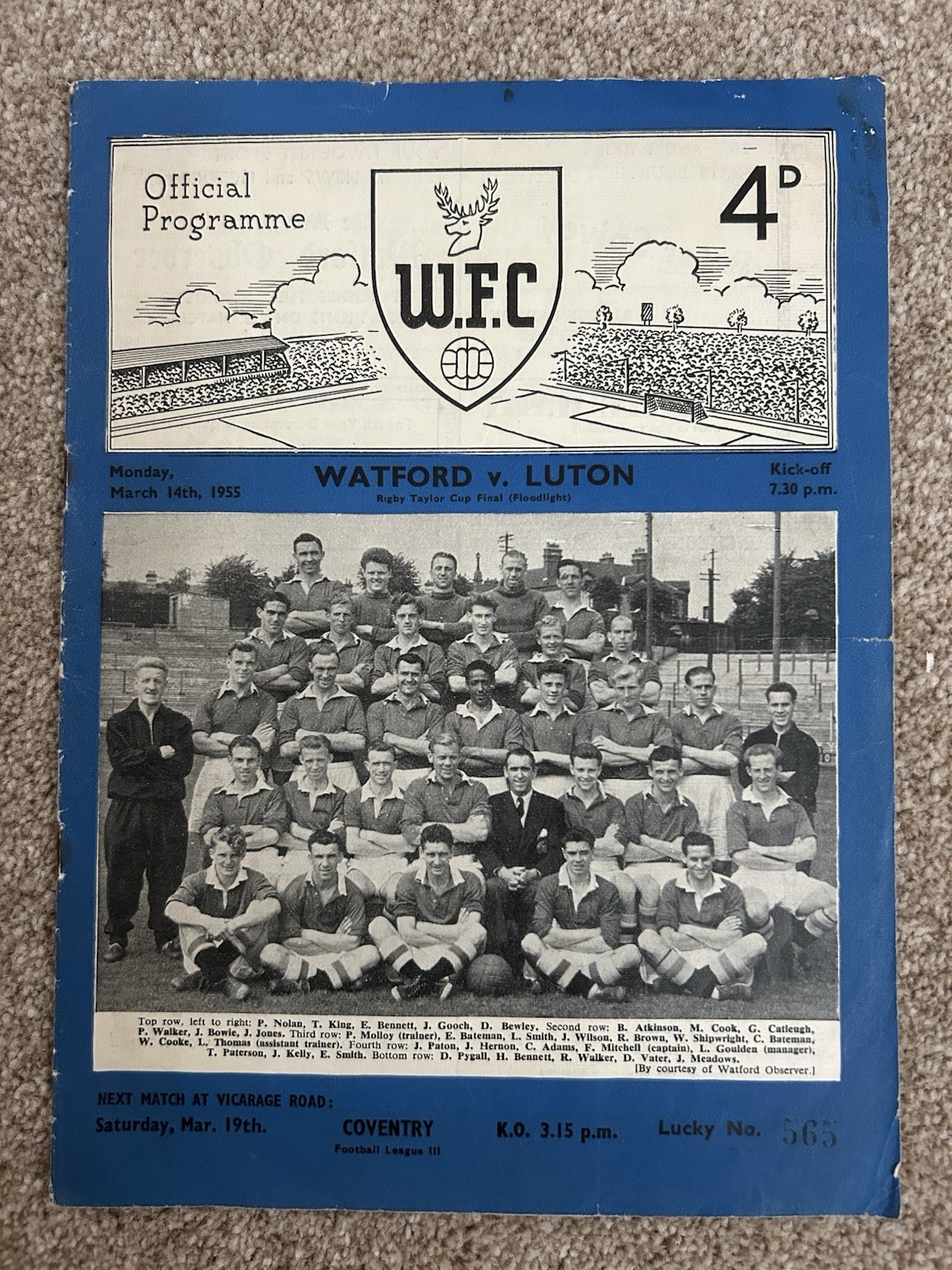 1955 Watford v Luton Town Rigby Taylor Cup 'Friendly' Programme for sale on Ebay
