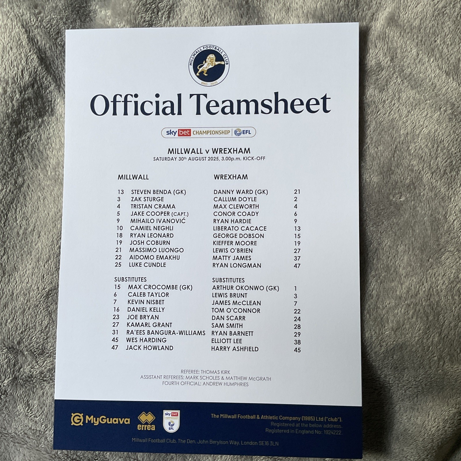 Millwall V Wrexham Team sheet 30/08/2025 for sale on Ebay