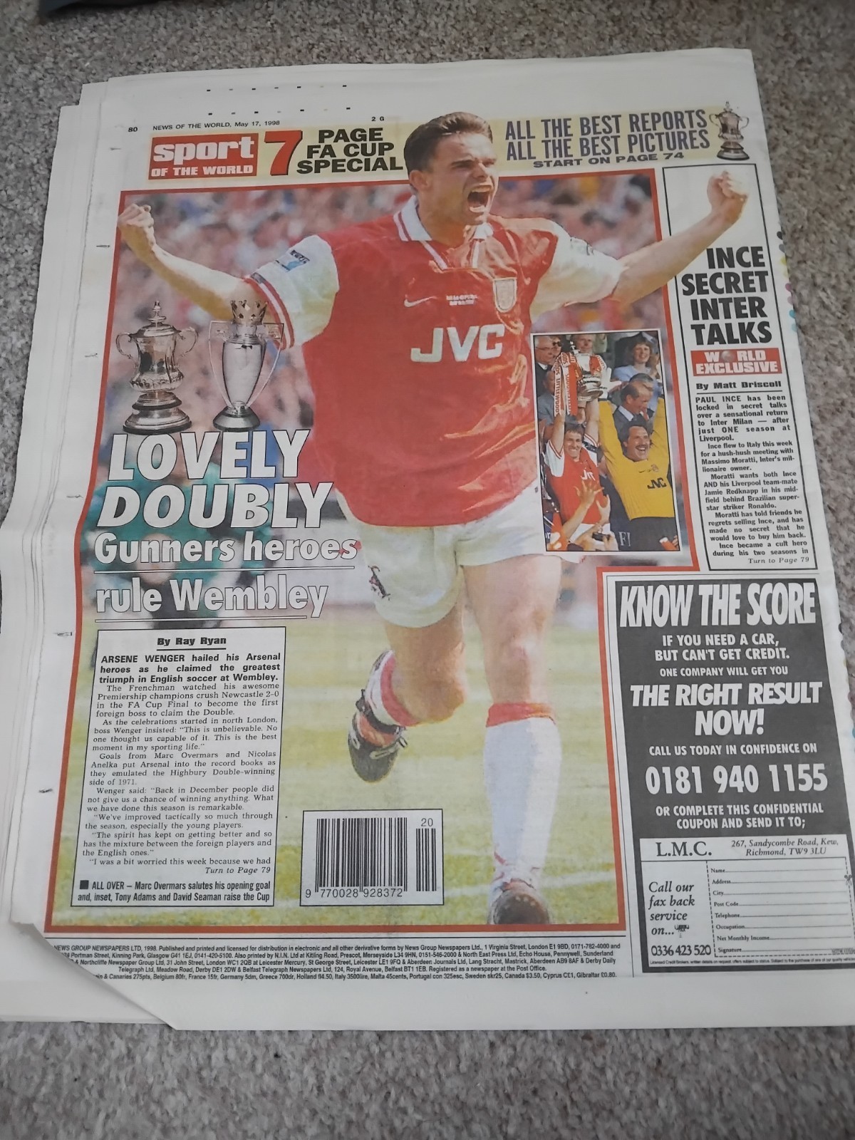 NEWS OF THE WORLD NEWSPAPER MAY 17 1998 ARSENAL FA CUP WINNERS for sale on Ebay