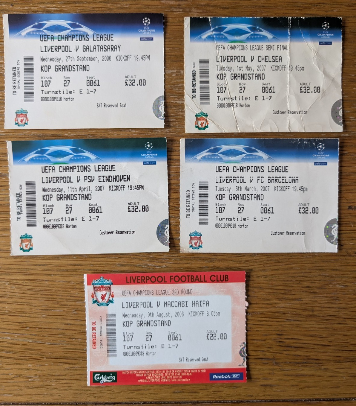 Liverpool FC 5 Home Champions League tickets 2006/07 for sale on Ebay
