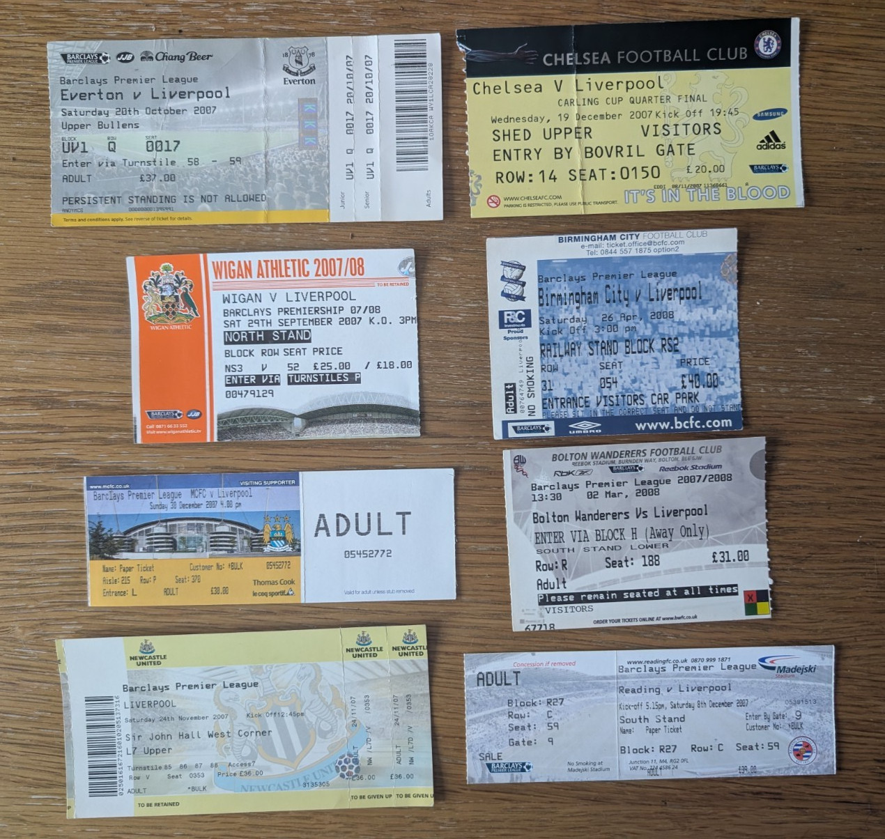 Liverpool FC 8 Away ticket stubs from 2007/08 for sale on Ebay