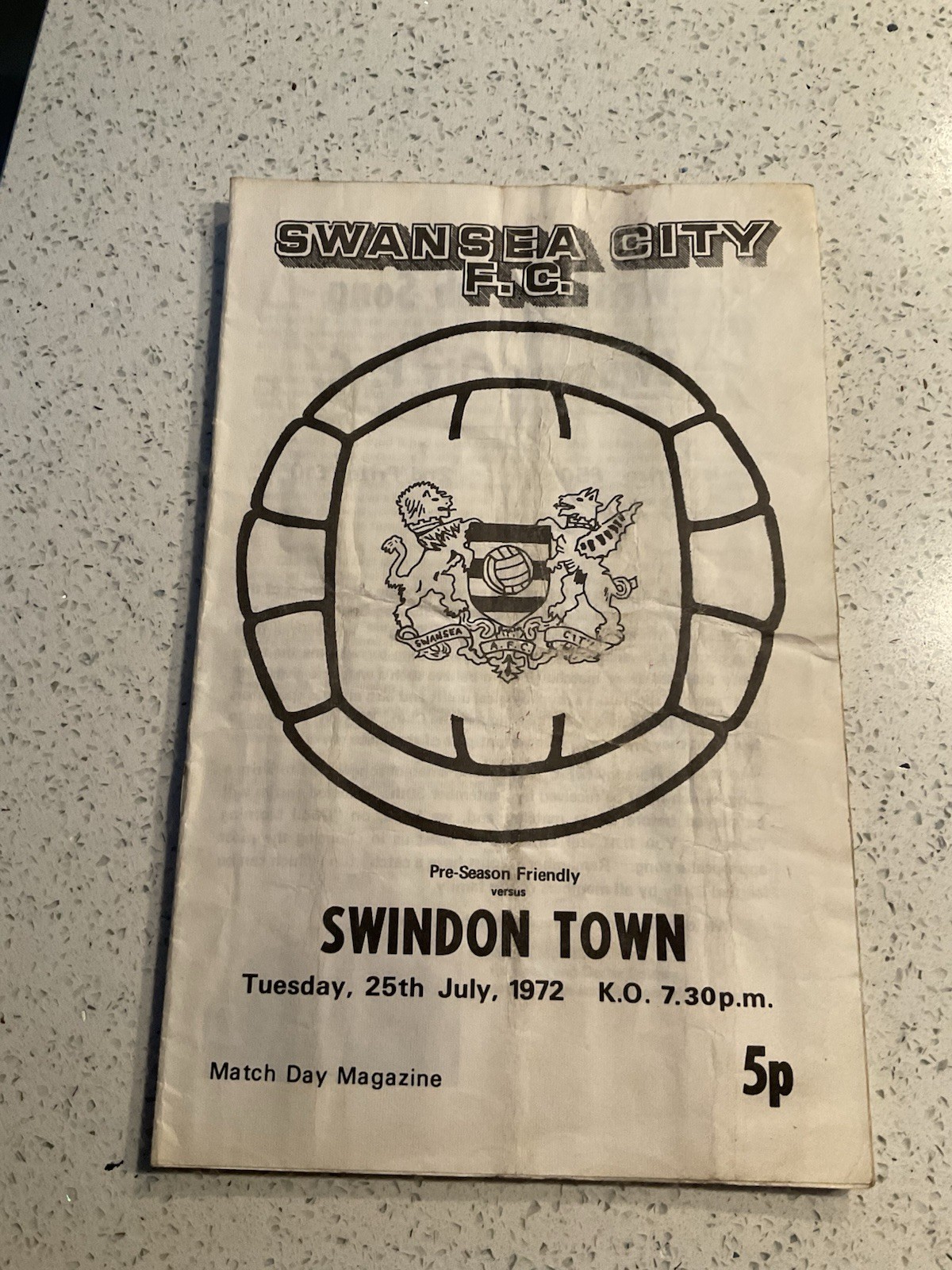 Swansea City v Swindon Town 25th July 1972 Pre Season Friendly  for sale on Ebay