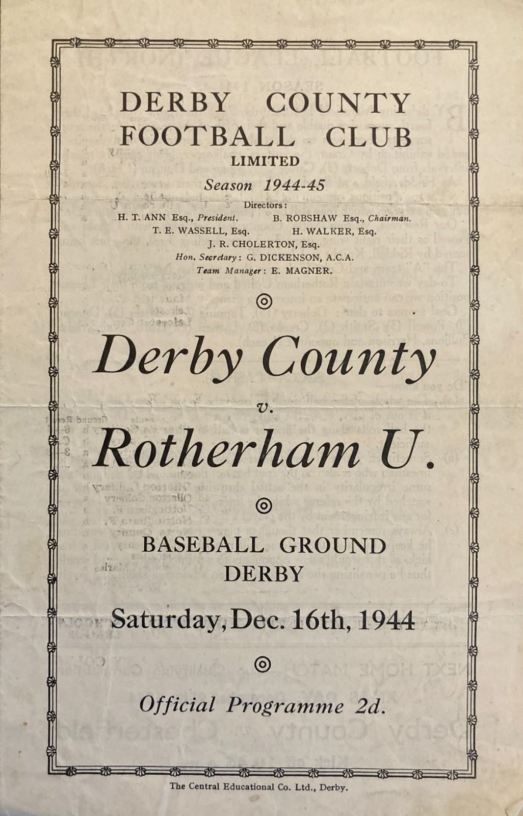 Derby County v Rotherham United Football League (North) 1944/45 for sale on Ebay