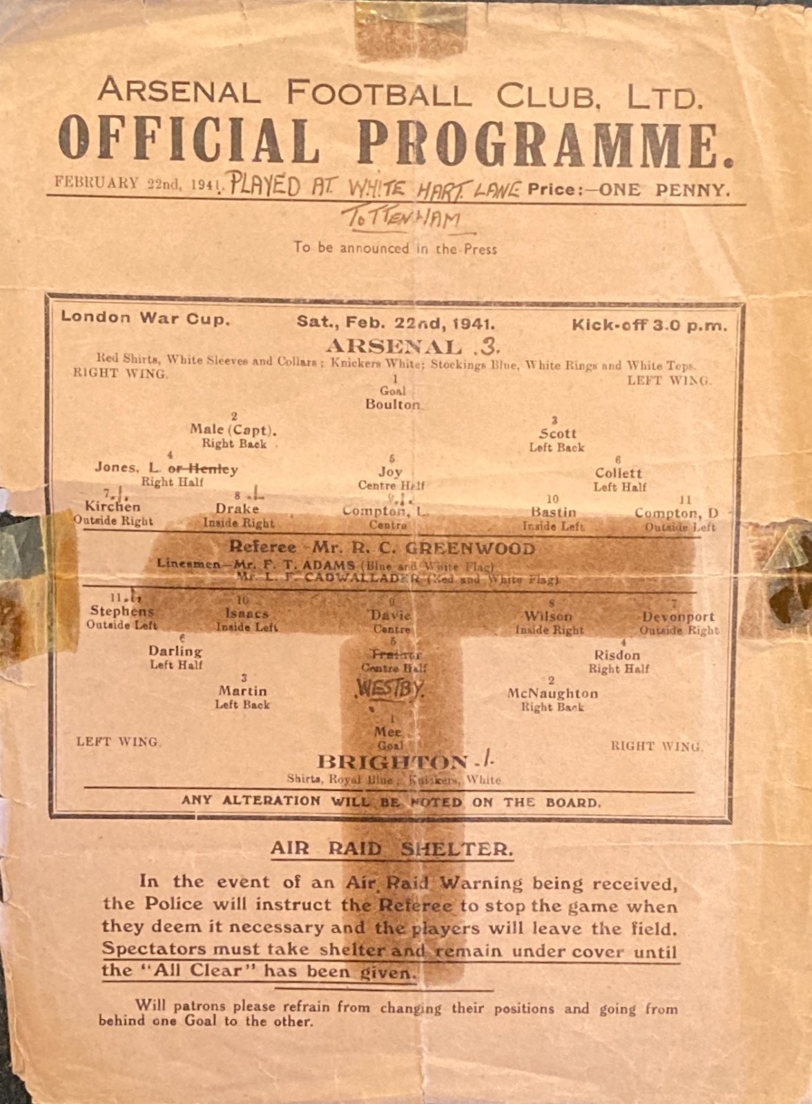Arsenal v Brighton London War Cup 1940/41 for sale on Ebay