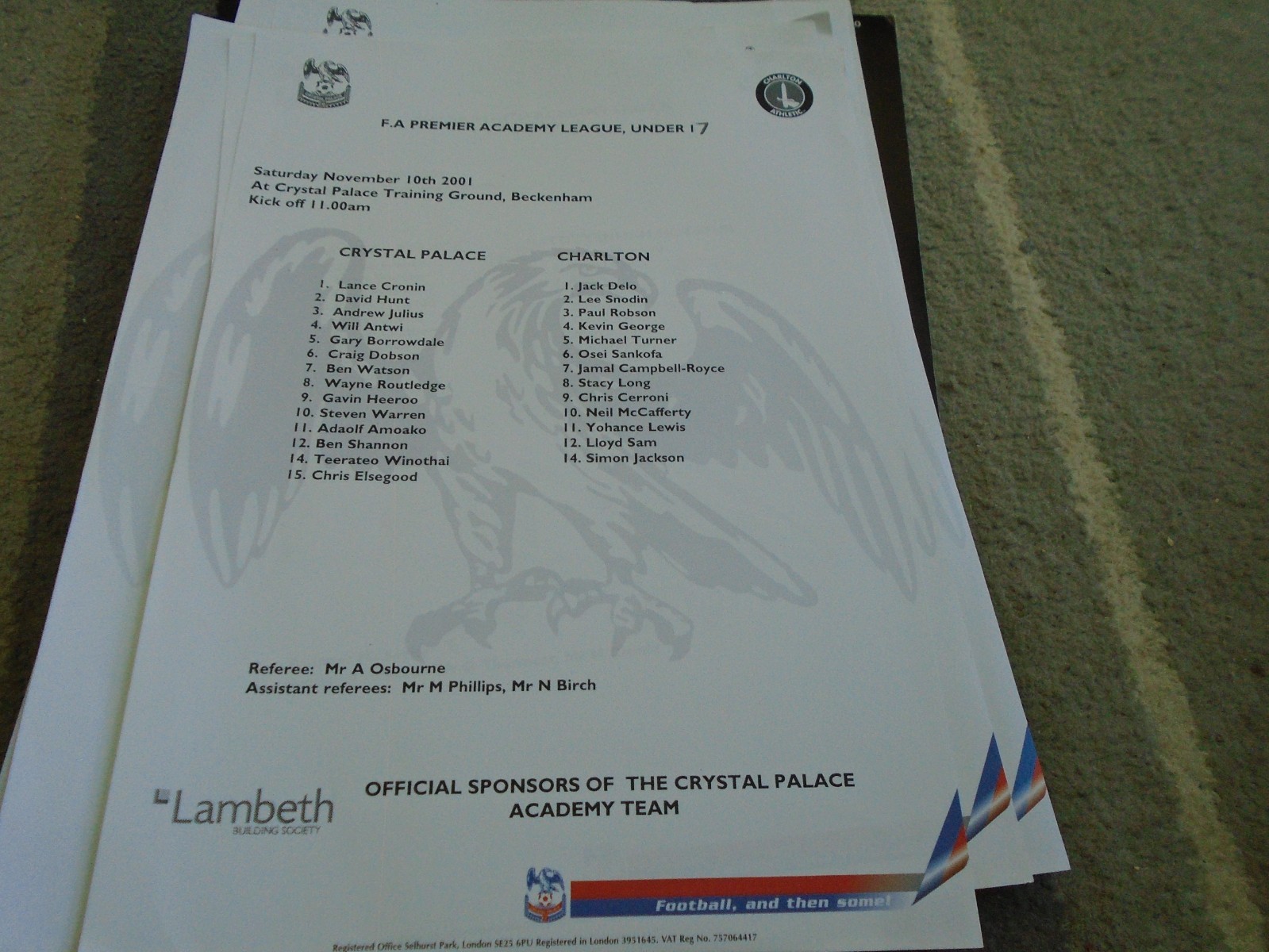 CRYSTAL PALACE V CHARLTON ATHLETIC 2001-2 FAPAL U17 for sale on Ebay