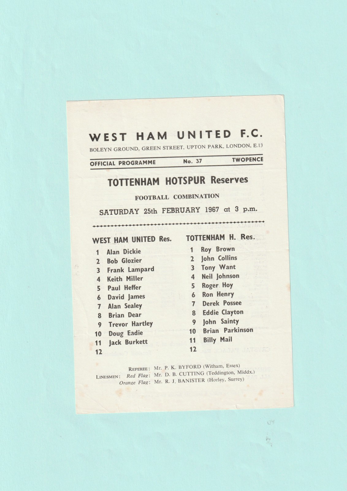 1966-1967 FOOTBALL COMBINATION : WEST HAM UNITED v TOTTENHAM / SPURS RESERVES for sale on Ebay
