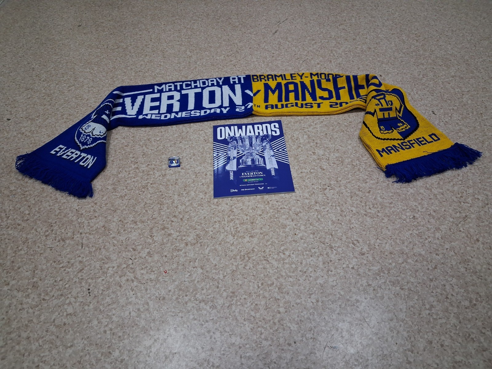 EVERTON v MANSFIELD 27/8/2025 PROGRAMME, HALF & HALF SCARF & MATCH BADGE UNUSED  for sale on Ebay