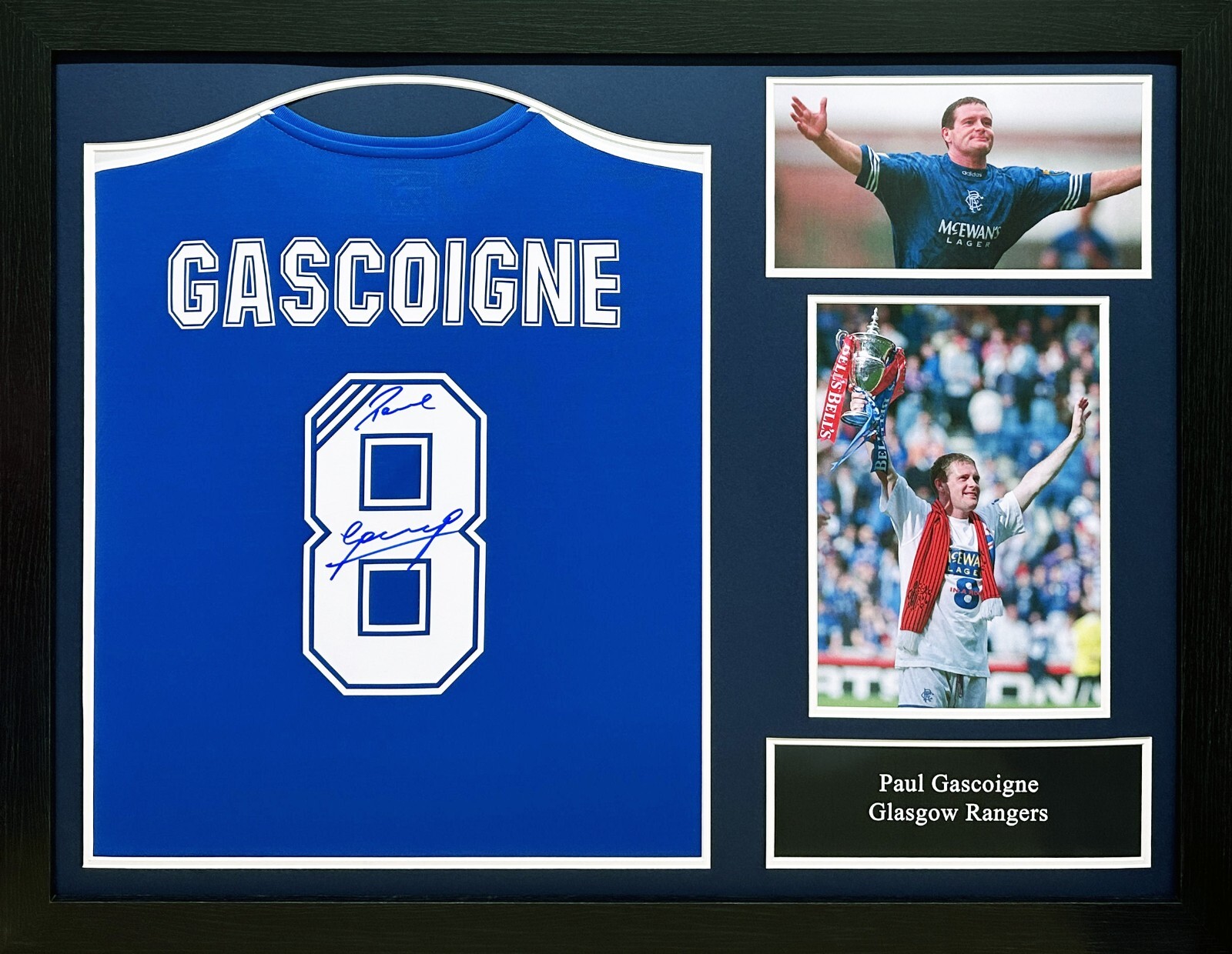 FRAMED PAUL GASCOIGNE SIGNED GLASGOW RANGERS FOOTBALL SHIRT GAZZA SEE PROOF COA for sale on Ebay
