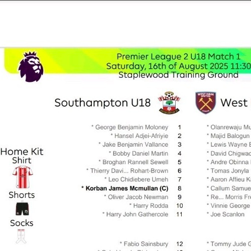 Southampton  U18 V West Ham United   U18 Colour Single sided Team sheet  16/8/25 for sale on Ebay