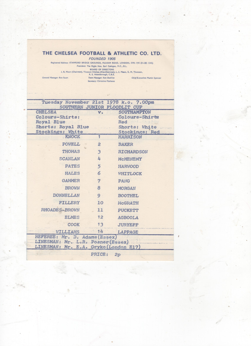 CHELSEA v SOUTHAMPTON (SOUTH JUN FLOODLIT CUP) 1978/79 for sale on Ebay