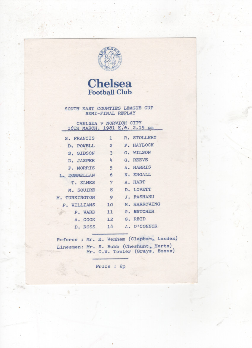 CHELSEA v NORWICH CITY   (SOUTH EAST COUNT L.CUP S-FINAL REPLAY) 1980/81 for sale on Ebay