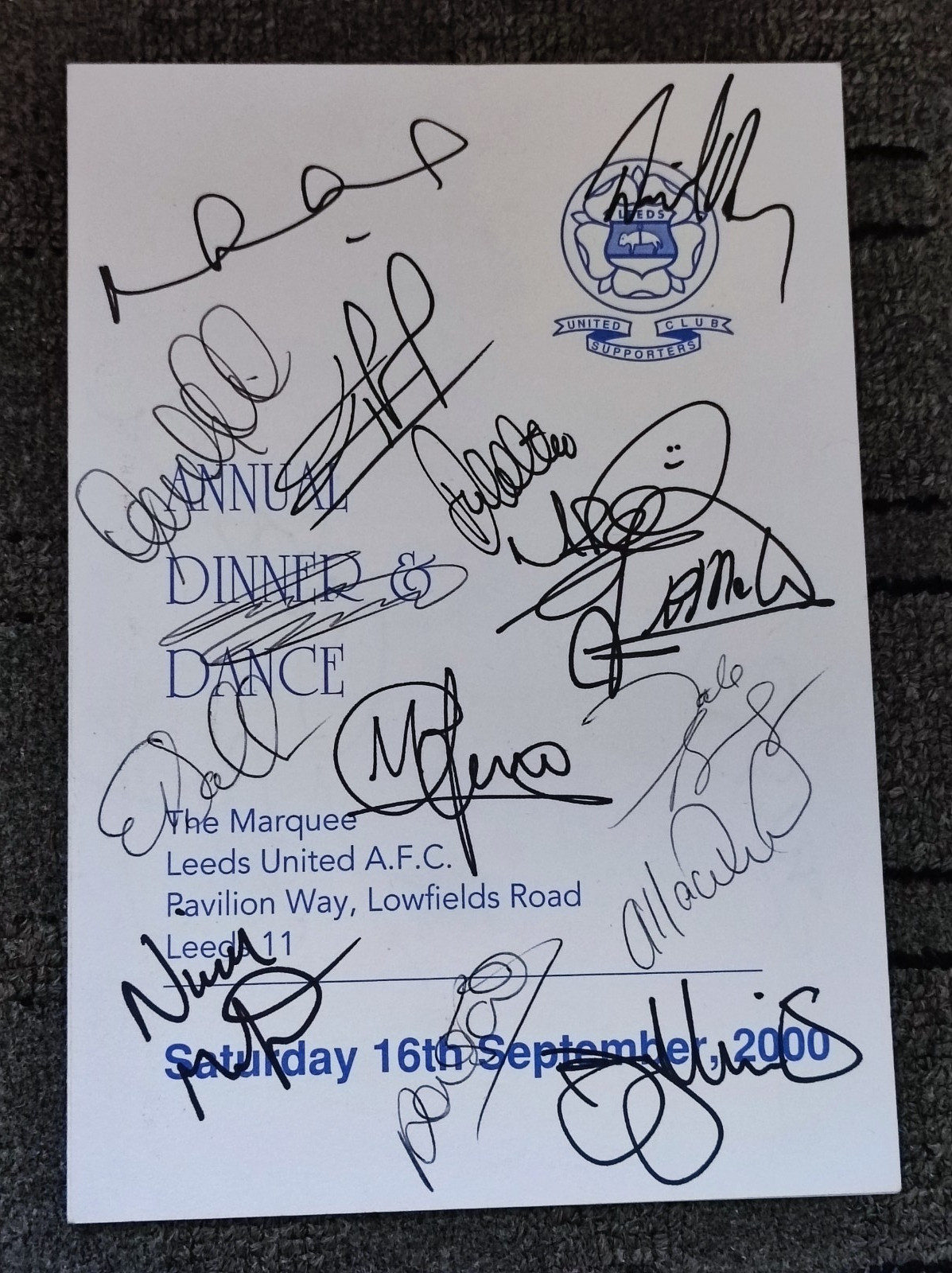 Leeds United Signed Annual Dinner Menu Programme 2000 Woodgate Kewell Smith for sale on Ebay