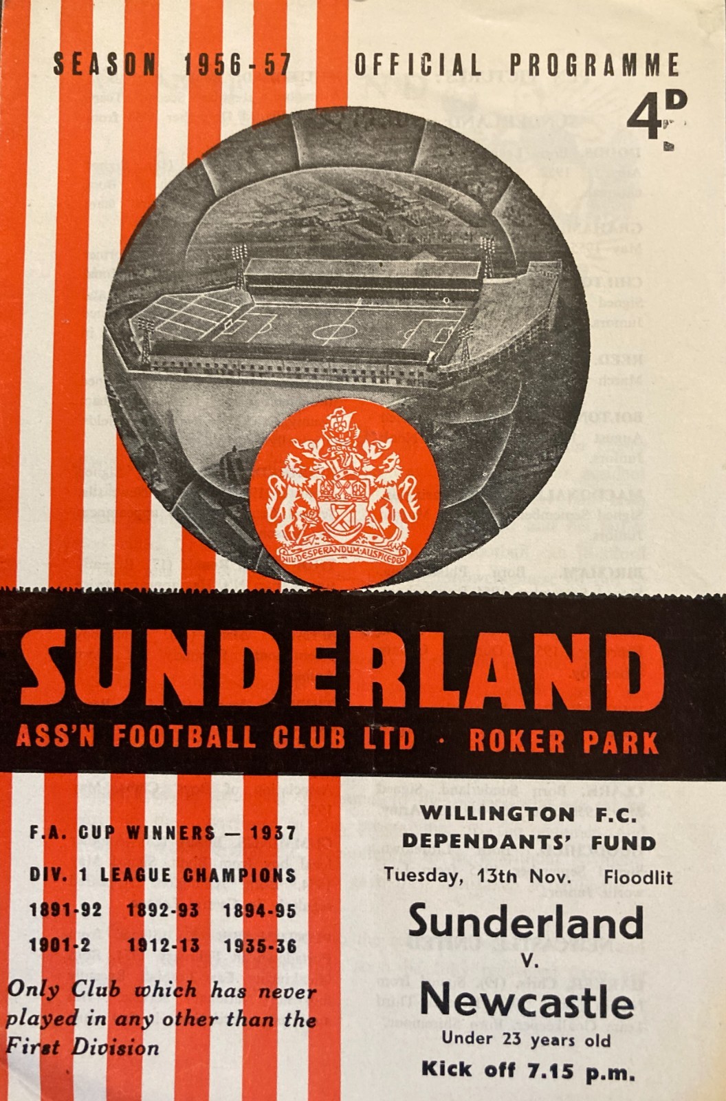 Sunderland Under 23s v Newcastle Under 23s Testimonial Match 1956/57 for sale on Ebay