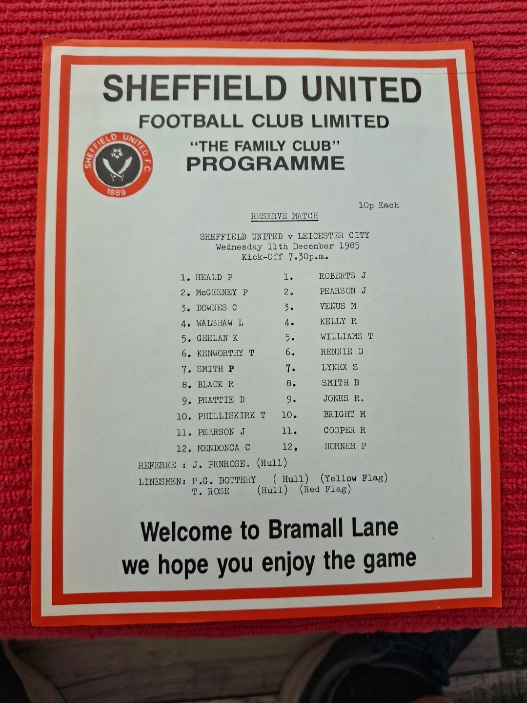 Sheffield United Reserves v Leicester City Res programme.  11/12/1985 for sale on Ebay