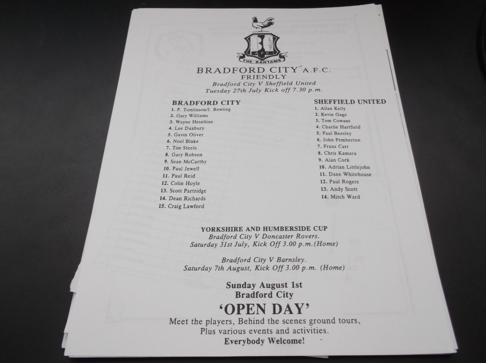 BRADFORD CITY V SHEFFIELD UNITED FRIENDLY TEAM SHEET 27 JULY 1993 for sale on Ebay