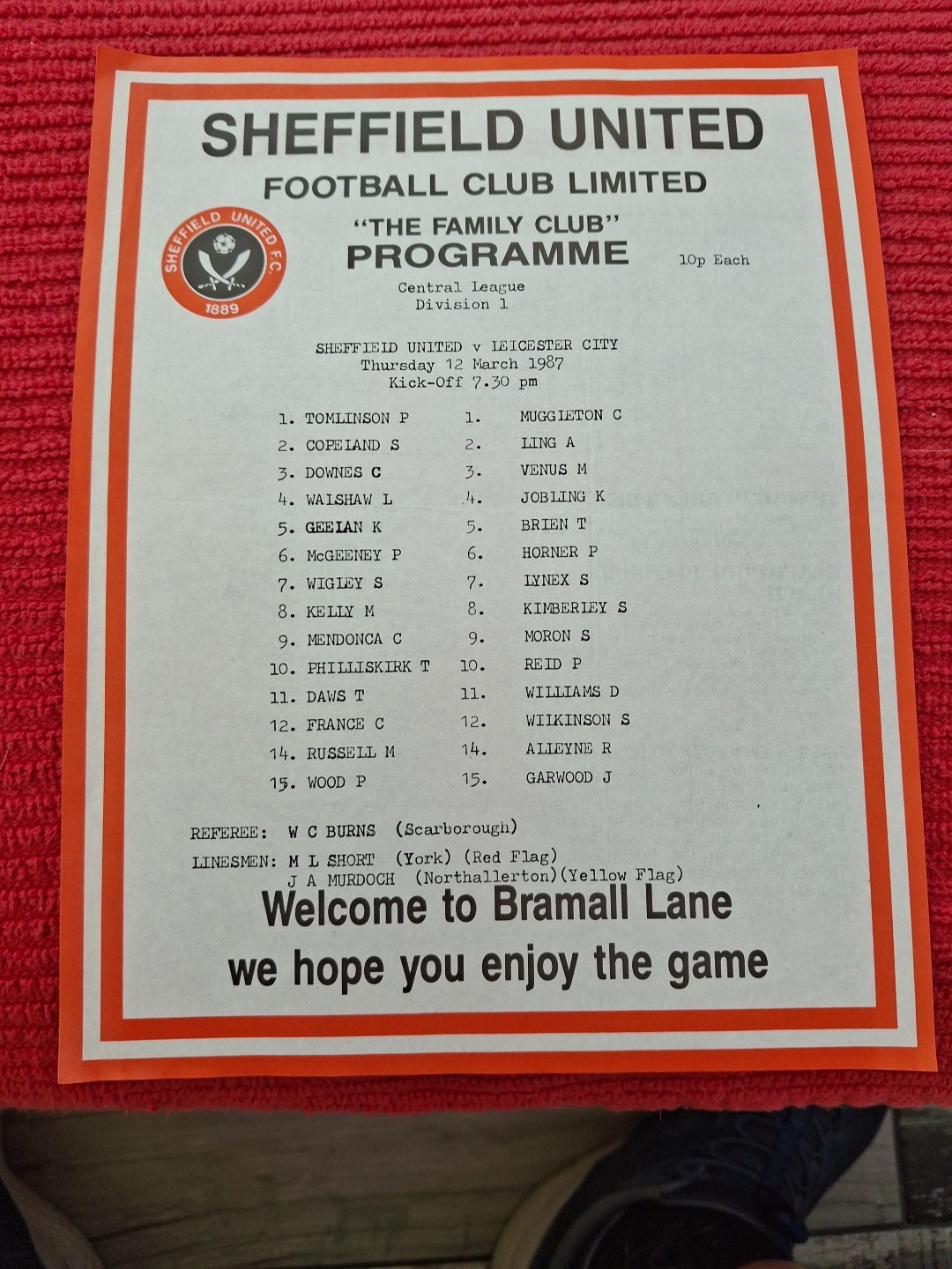 Sheffield United Reserves v Leicester City Res programme.  12/3/1987 for sale on Ebay